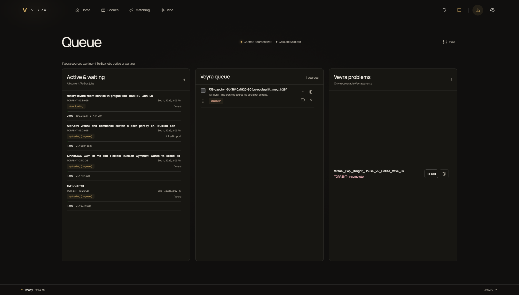 Veyra Queue view with a TorBox connection